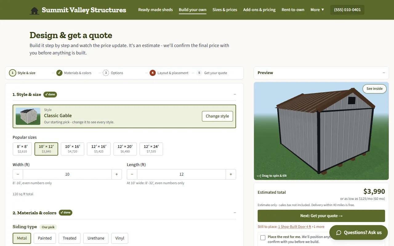 The 3D designer: a gable shed shown in 3D beside the size choices, with an estimated total of $3,990.