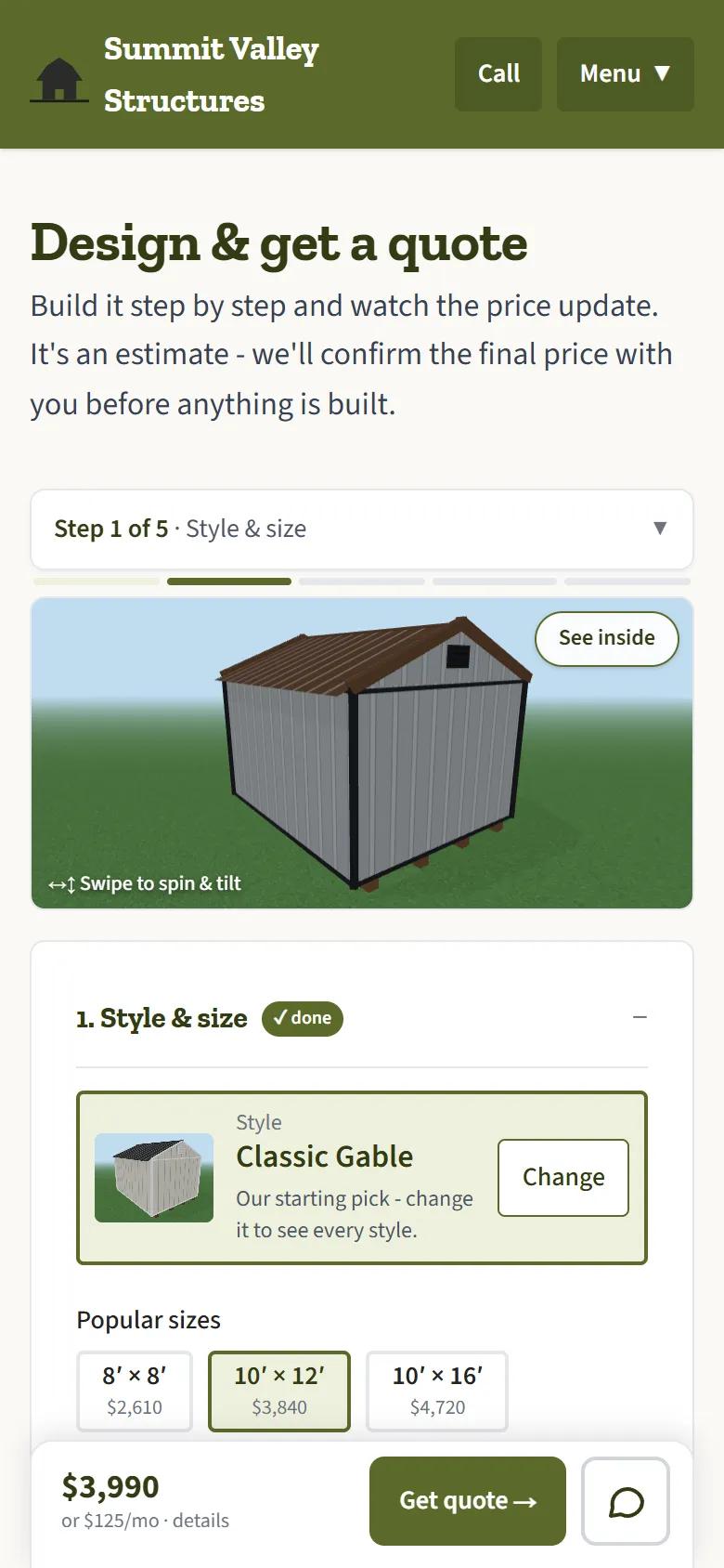 The 3D designer on a phone, with the building in 3D and the price at the bottom of the screen.